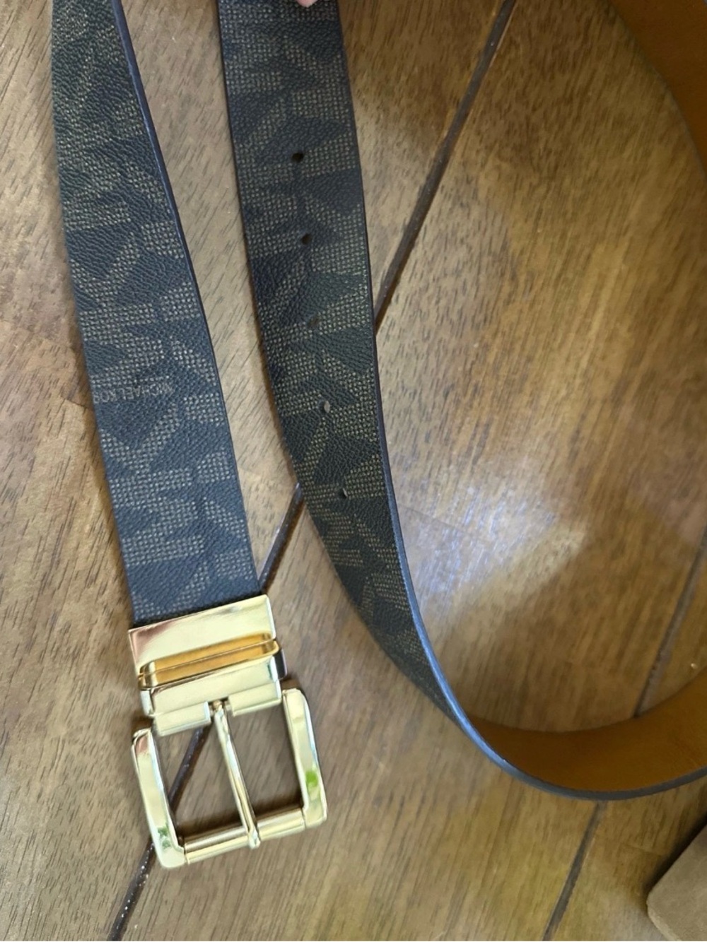 Michael Kors Brown Logo-Print Leather Belt with Gold Buckle
